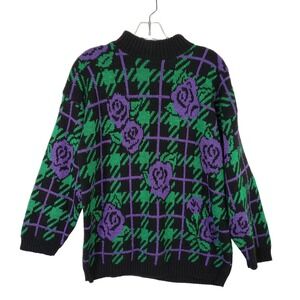 Vintage 90s Adele Knitwear Sweater Womens Black Rose Metallic Mockneck Outerwear